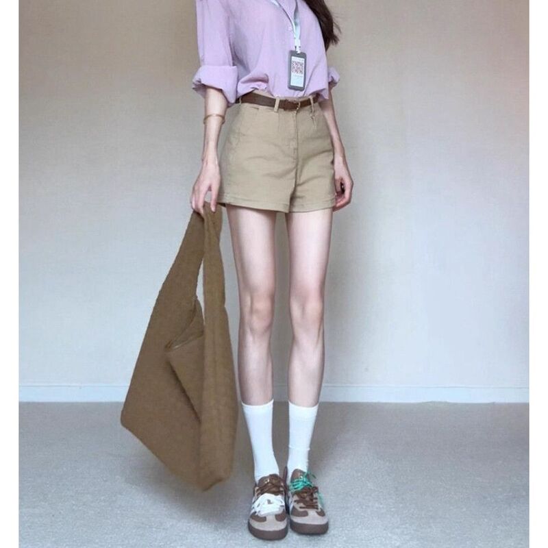 Simple Khaki Denim Shorts for Women, New Summer Style, Elegant Old Money Style, High-Waisted, Trendy Wide-Leg Pants, Loose Hot Pants