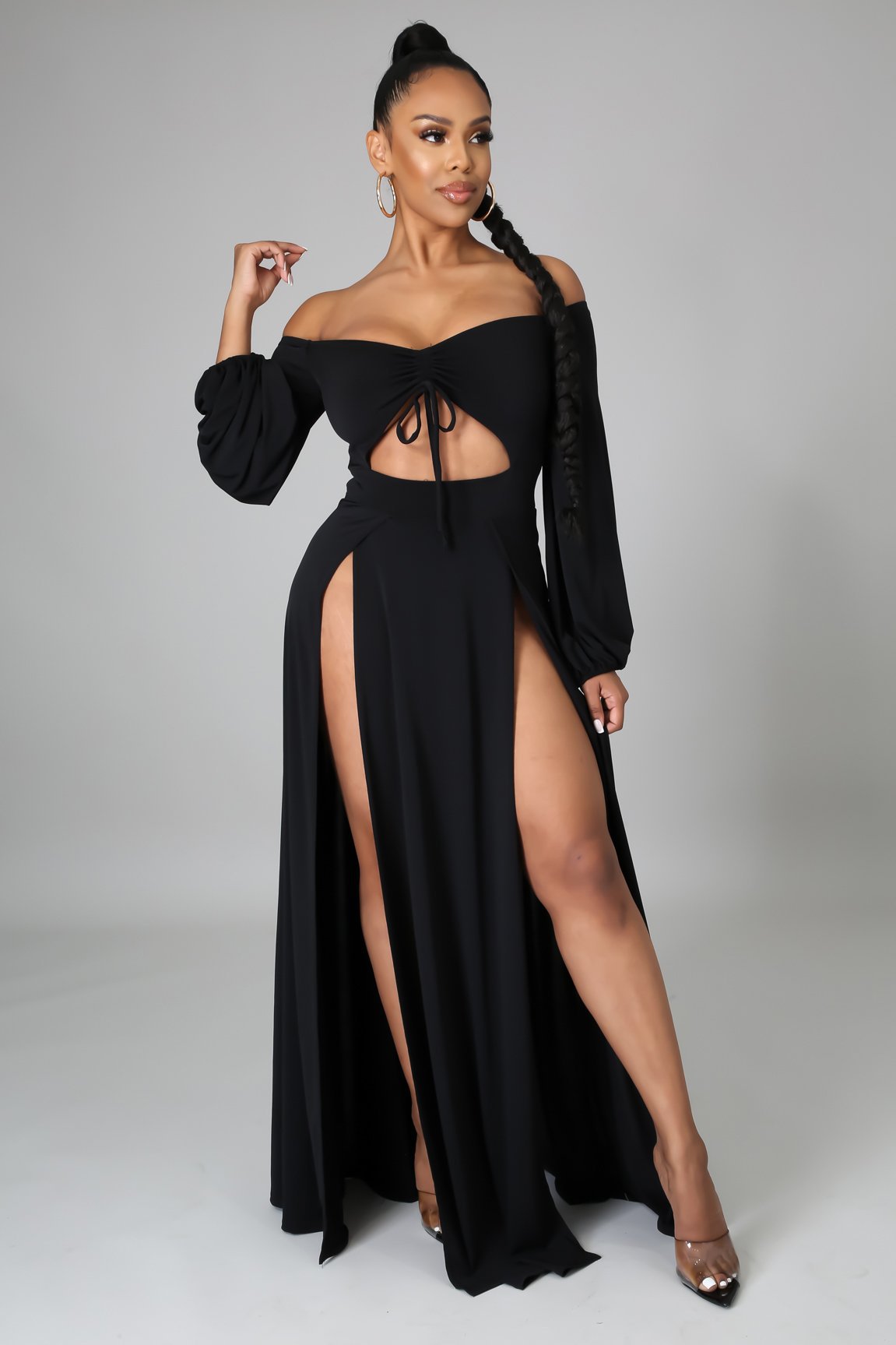 Solid Color Off-Shoulder Hollow Long Sleeve Slit Dress NSMRF116540