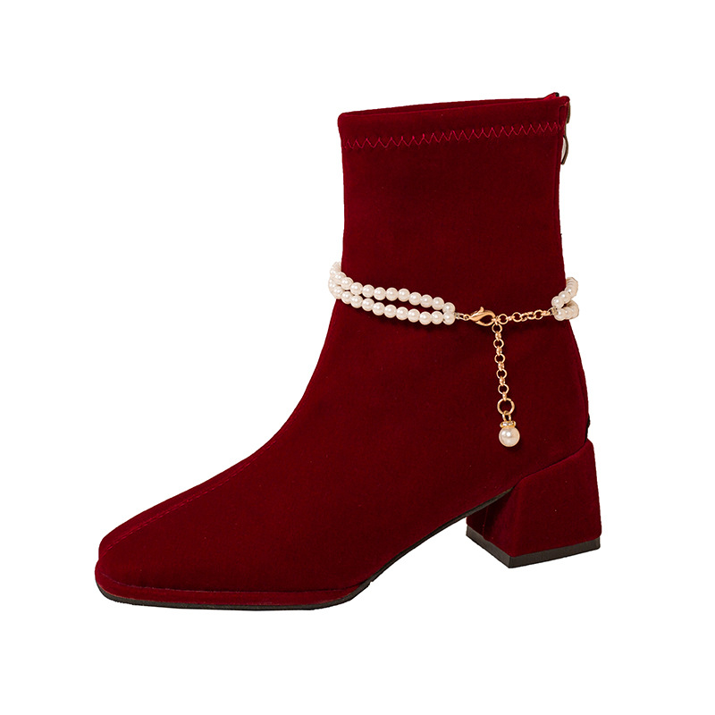 Women's Suede Square Toe Mid Heel Slim Fit Boots Plus Size Chunky Heel Elegant Short Boots For Winter Wedding Shoes_voghion.com