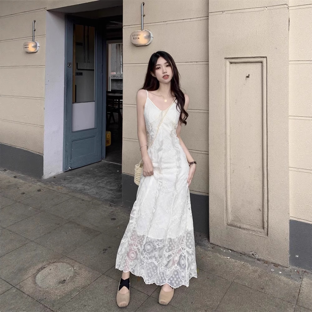 V-Neck 레이스 슬링 원피스 여성 여름 해변 휴가 사진 비치 스커트 프랑스 스타일 우아한 웨이스트 원피스