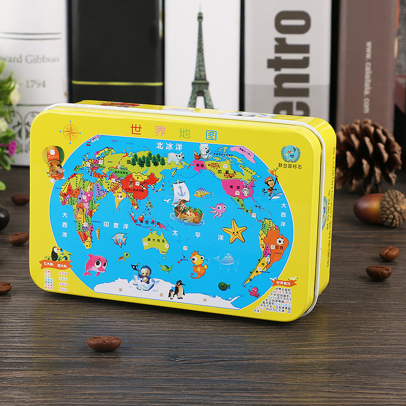 Nuevo estilo 60 piezas 200 piezas dibujos animados para niños dibujos animados madera caja de hierro rompecabezas bebé escuela primaria juguetes educativos al por mayor