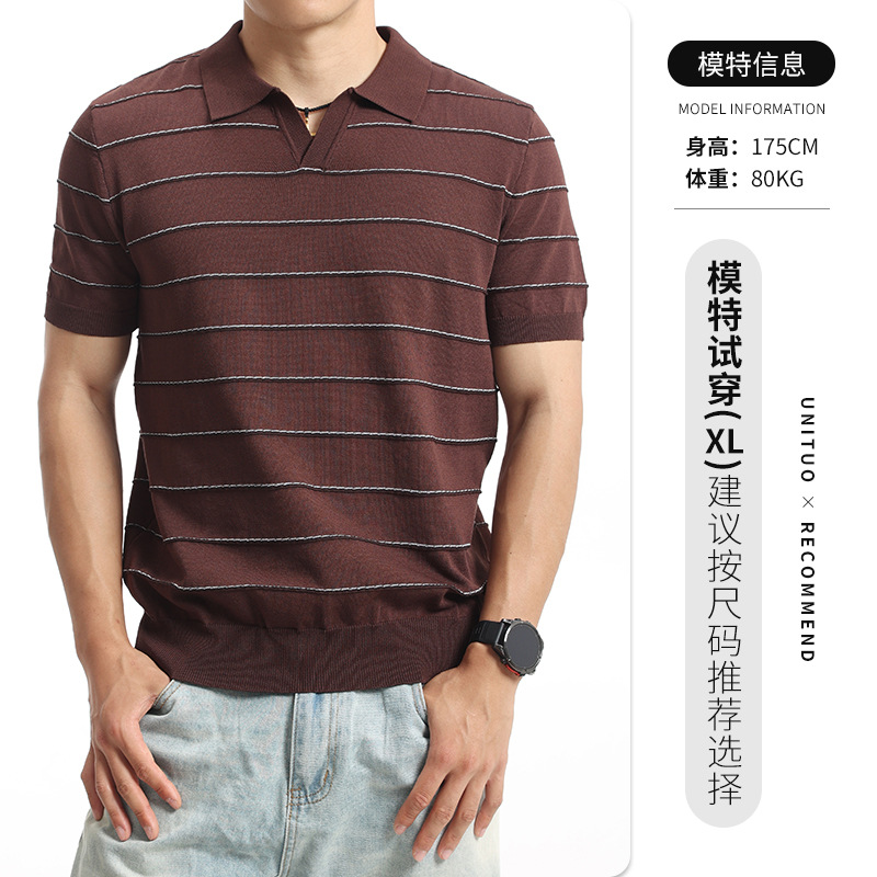 Hombres viejos ganancias de color contrastante tela de punto polo camiseta de verano de alto nivel de V-cuello camiseta de hombre casual de estilo europeo