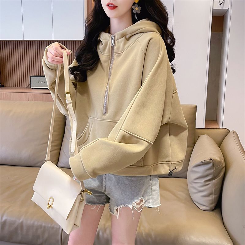连帽卫衣女2025新款春秋宽松百搭显瘦慵懒风小个子纯色外套上衣潮|undefined