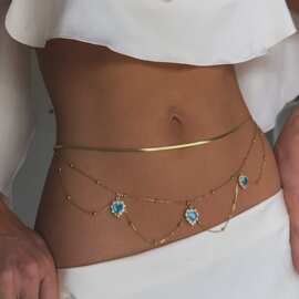 欧美性感镶钻爱心吊坠腰链 珠链多层肚脐链 露脐配饰belly chains
