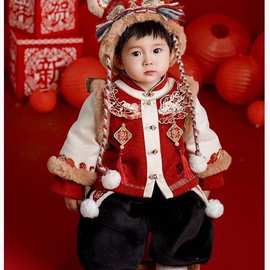 2026新款男童汉服拜年服冬季套装男宝宝过年喜庆可爱加绒两件套装