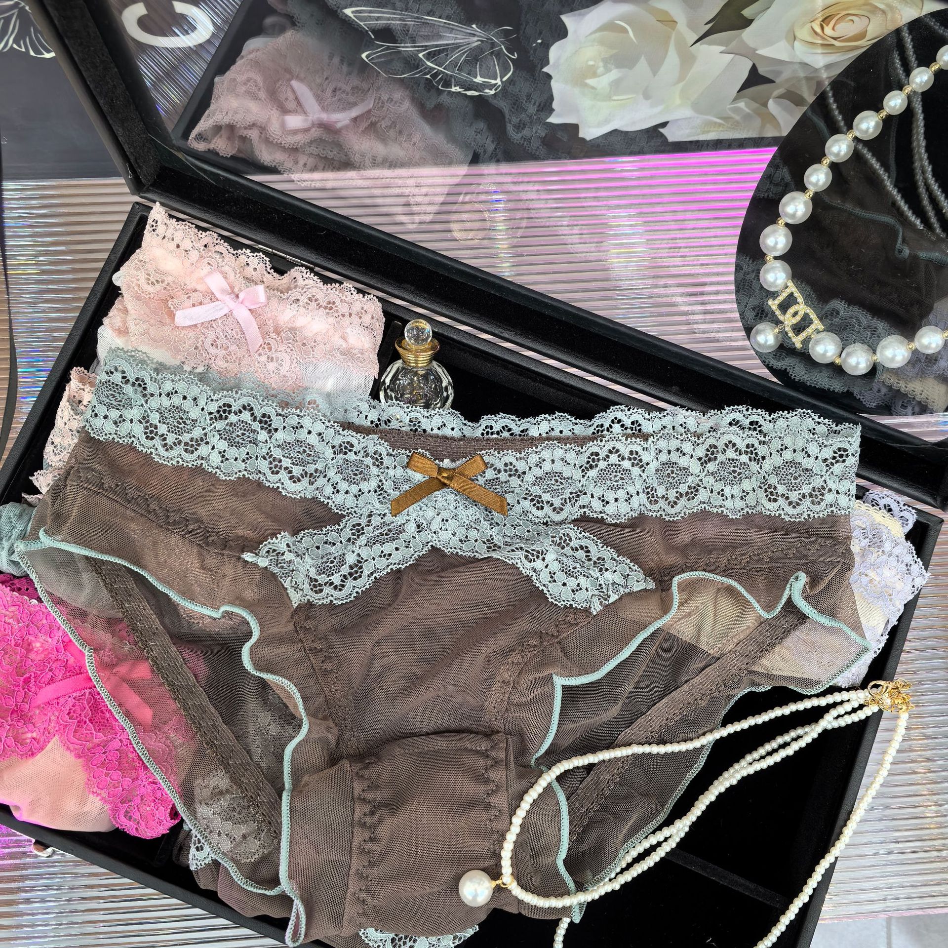 Good quality enlarged version pure irregular cross belt color matching hot full transparent underwear women's sexy lace