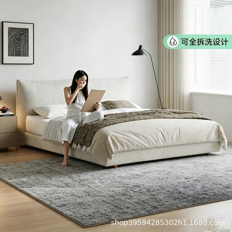 French-Style Cream-Colored, Fully Removable and Washable Pumpkin Fabric Bed for Small Apartments, Modern Minimalist Soft-Upholstered Double Bed