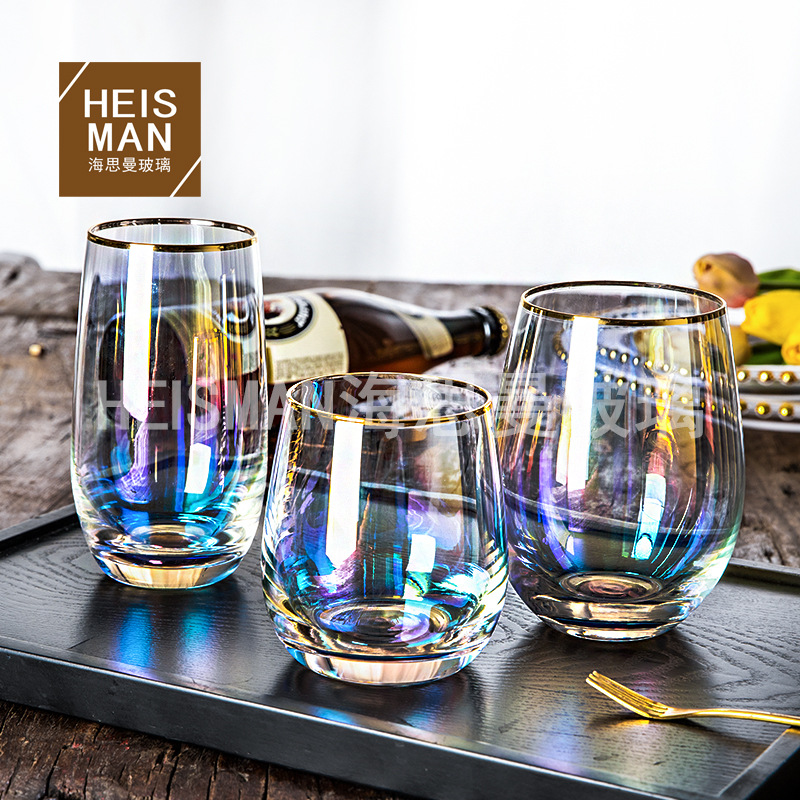 Creative seven-color electroplated glass cup large capacity colorful egg-shaped cup, supports logo, popular on Instagram, rainbow crystal cup