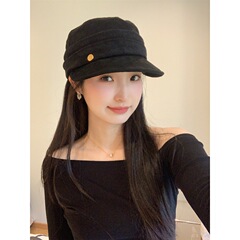 高品质~新款老钱风气质麂皮绒平顶贝雷帽女秋冬复古时尚马术帽潮