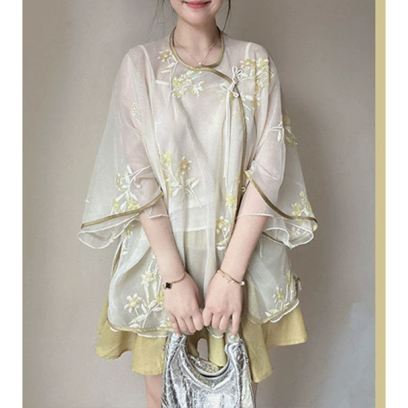 Большой размер толстый мм новый китайский стиль тяжелый стиль с вышивкой с длинными рукавами рубашка с высокой талией юбка женская летнее чувство высокого уровня набор из двух частей