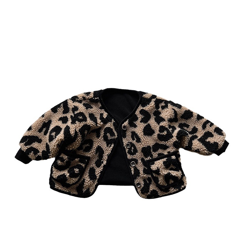 Abrigo de felpa con estampado de leopardo para niños 2024 Invierno Engrosado para niños cálido japonés y coreano ropa para niños y niñas abrigo personalizado