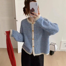 韩版软糯细条纹毛衣外套女2025秋冬新款圆领拼色温柔风针织开衫女