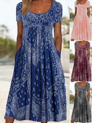 European and American summer new long dress, mid-waist, short-sleeved round neck, retro printed, comfortable casual style pullover long dress