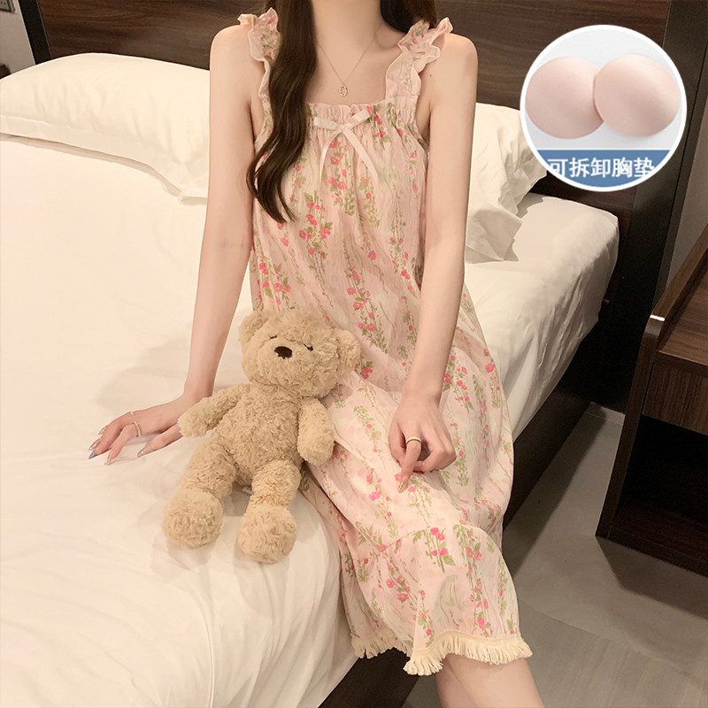 2024 verano esling vestido de pijama chica tejido nubes de algodón cojín de pecho lindo dulce se puede usar vestido largo ropa para el hogar
