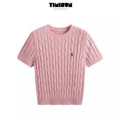 刺繍入りポニーツイスト半袖セータートップレディースラウンドネックTシャツカレッジスタイルケーブルスリムフィットボトムストップJZZ