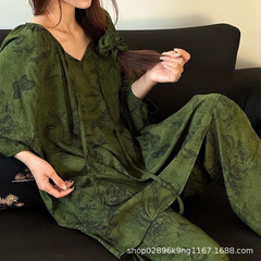 【長袖・長ズボン・胸パッド付き】女性用綿シルク春夏パジャマ、民族風ランタンスリーブ、長袖・長ズボン、ポケット付きホームウェア