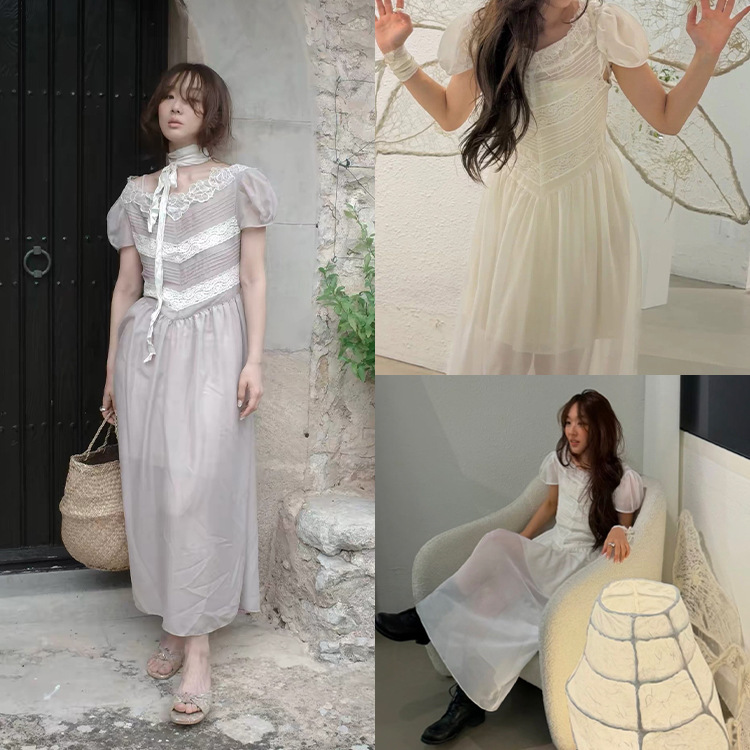FanShun·XH Korean-style lace patchwork puff sleeve dress, Dongdaemun summer new French slim-fit long dress for women FanShun·XH Korean-style lace patchwork puff sleeve dress, Dongdaemun summer new French slim-fit long dress for women