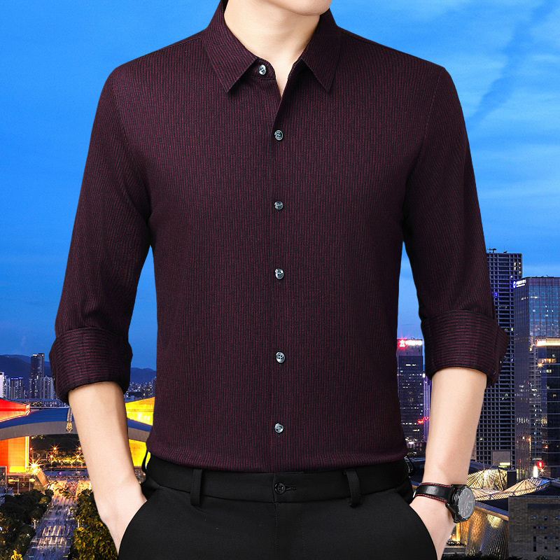 专柜高档羊绒衬衣男2025秋装新款中年男式商务休闲细条纹长袖衬衫