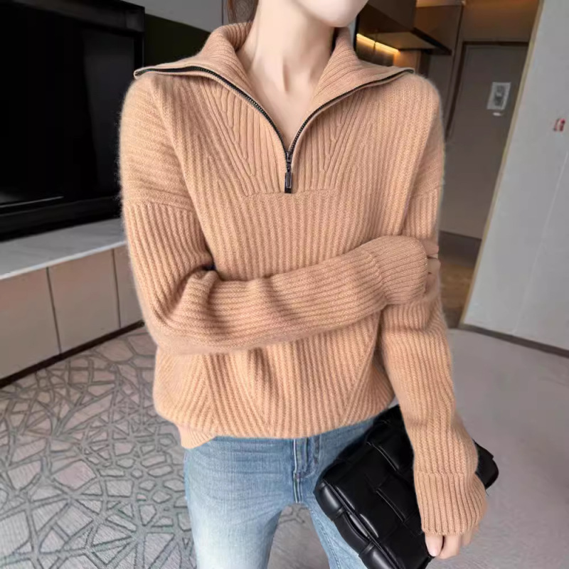Pure Wool Knitted Shirt New Double Zipper Sweater Base Shirt Autumn and Winter Zipper Knitted Fashion Lazy Wool Top