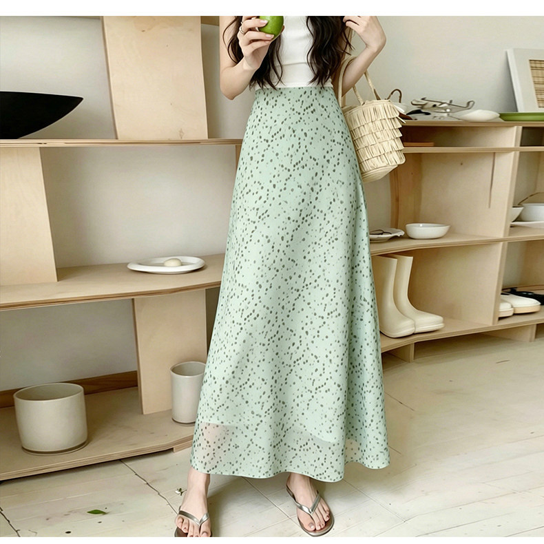 Chân váy hoa nữ dáng chữ A cạp cao kiểu Pháp suông dài — Màu xanh lá cây Halo nhuộm chi tiết 10