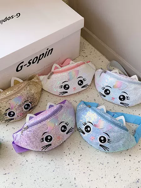 Kitten embroidery pattern colorful sequins cute children's bag cartoon fashion princess bag waist bag chest bag messenger bag