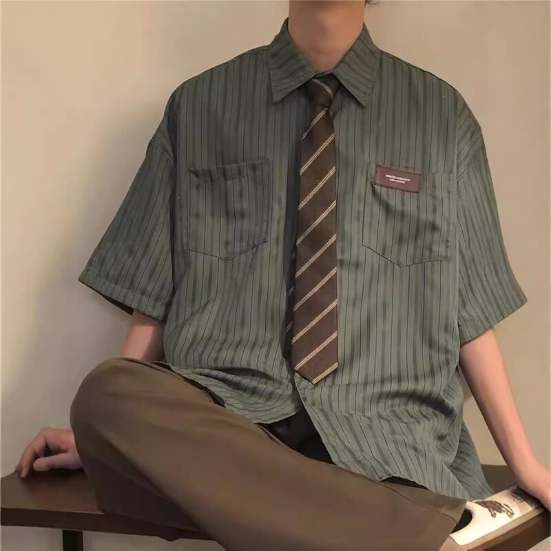 Versatile American Retro Striped Shirt for Men, Short-Sleeved, Spring and Autumn Style, Oversized Couple's Loose Trendy Brand Jacket