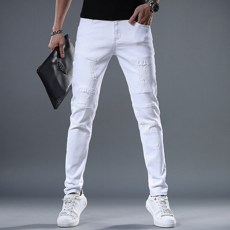 Red Casual Jeans for Men, Trendy Brand, Youth Fashion, Slim Fit, Stretchy, Tapered, Patchwork, Ripped Long Pants Style