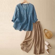中老年妈妈夏装棉麻套装女士中袖夏季新款洋气亚麻休闲两件套工厂