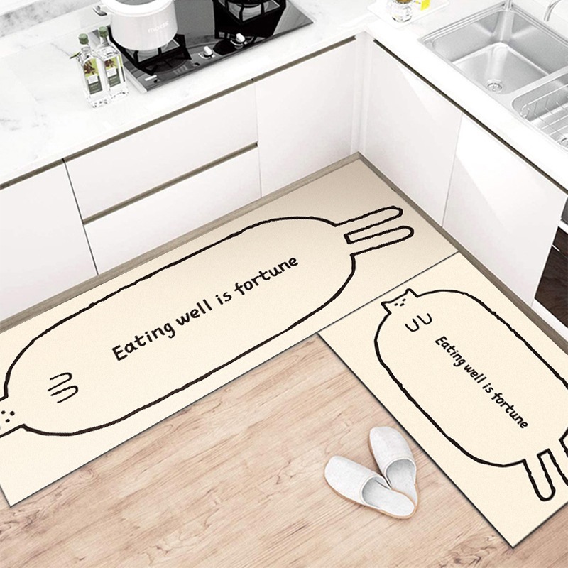 簡約家用皮革可擦洗廚房墊卡通可愛貓咪防滑地墊防水防油耐髒地毯