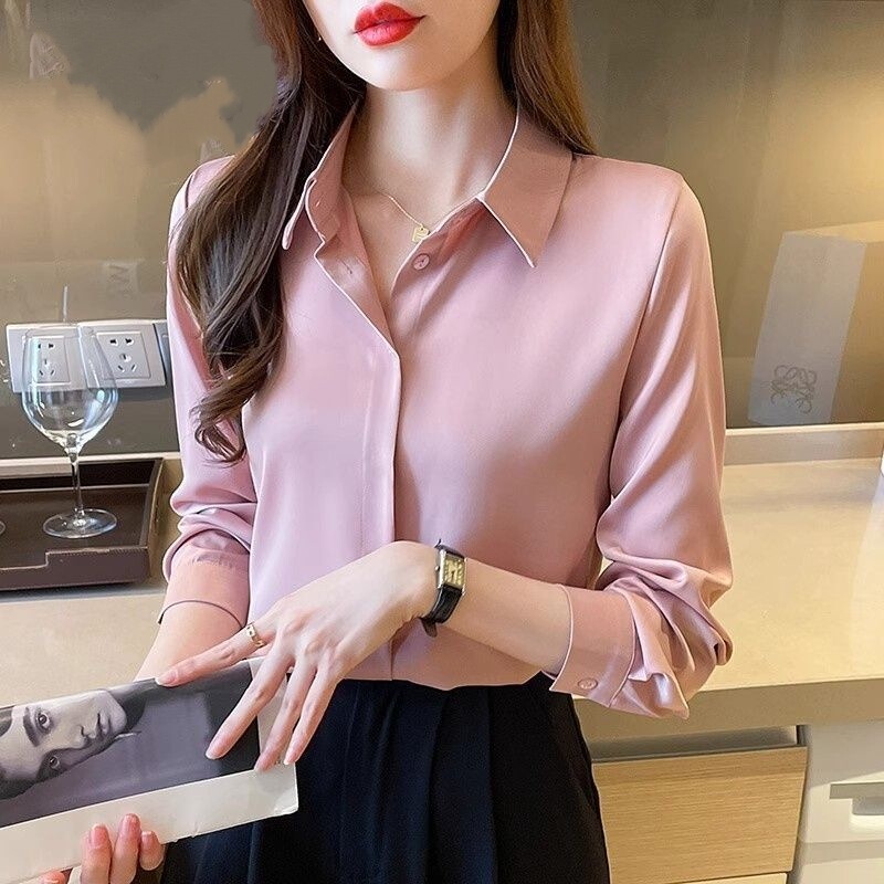 In-Stock Classic Shirt with a Unique Design, Slim-Fit Long-Sleeve Top, New Loose Satin Professional Style Blouse for Women