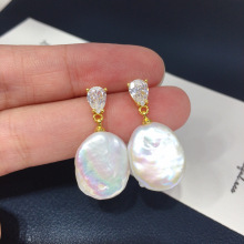 S925纯银针简约水滴锆石方形巴洛克珍珠耳环女耳饰批发代发直播