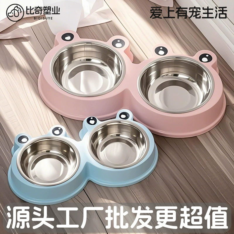 Индивидуальная миска для животных в форме лягушки из нержавеющей стали, двойная миска для кошек и собак с защитой от опрокидывания, интегрированные кормушки для животных оптом