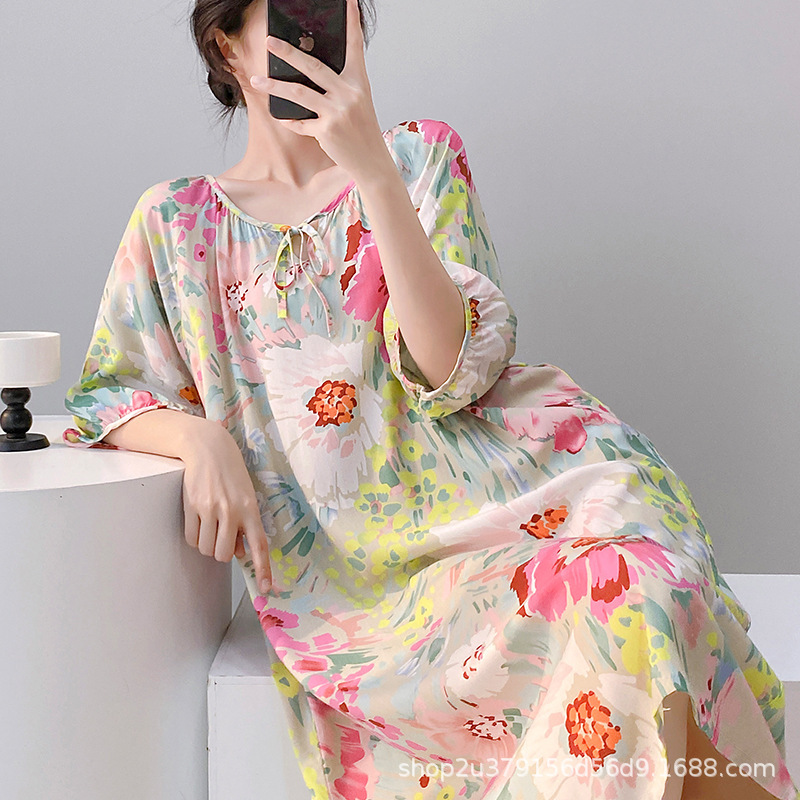 2025 New Nightgown for Women Spring and Summer Cotton Silk New Chinoiserie Cool Artificial Cotton Long Skirt Cotton Silk Pajamas Large Size