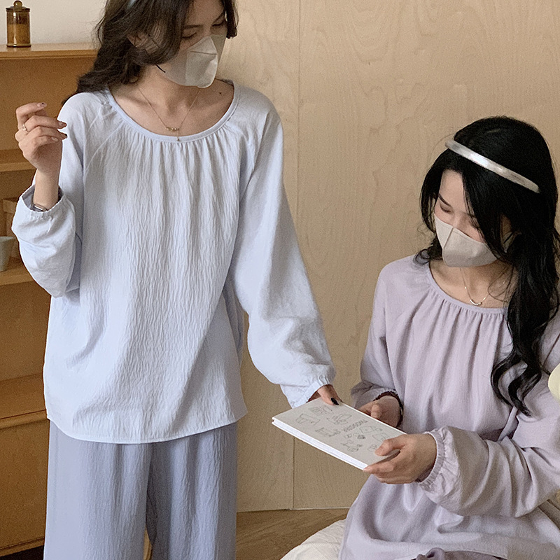 Morishima Spring and Summer New Round Neck Home Clothes Women's Small Women's Contrast Color Long Sleeve Pajamas Can be Wearing Lightweight and Comfortable Outfit