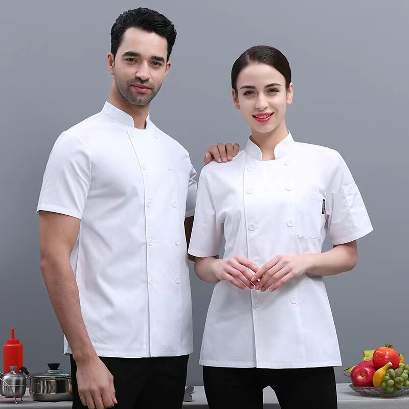 Chef clothes long sleeve autumn and winter clothes pure white catering men's and women's hotel restaurant canteen short sleeve overalls wholesale