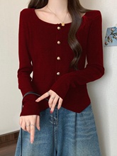 安可拉红正肩长袖针织衫女秋冬大码胖mm修身感漂亮打底上衣春