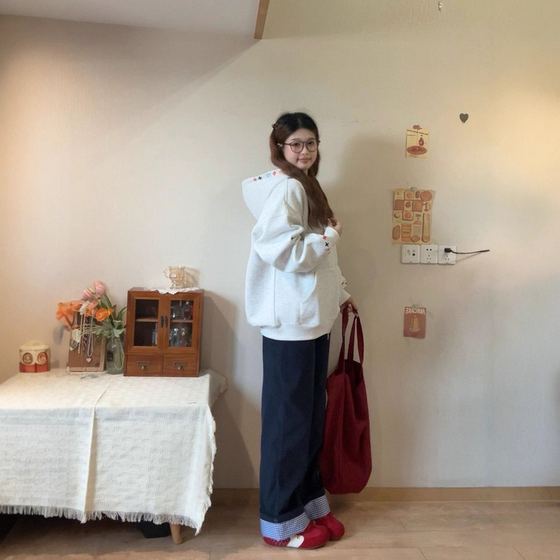 韩版刺绣开衫连帽卫衣女2025秋季新款设计感小众chic百搭休闲外套|undefined