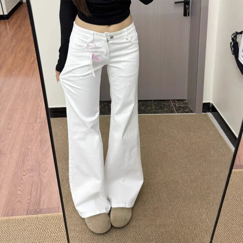 White Low-Waist Flared Jeans for Women, 2026 Spring New American Style, Petite Slim-Fit Bootcut Floor-Length Pants