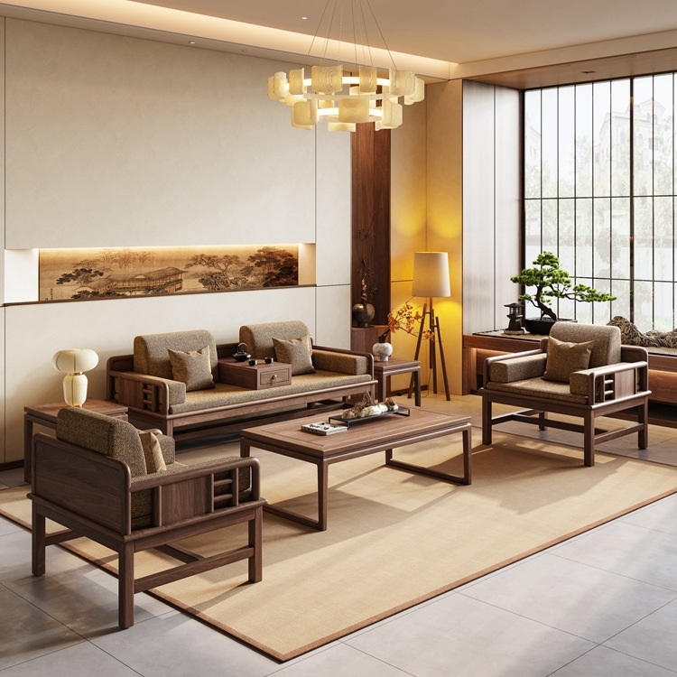 New Chinese Style North American Black Walnut Sofa Song Style Aesthetic Wabi-Sabi Style Solid Wood Winter and Summer Office Furniture