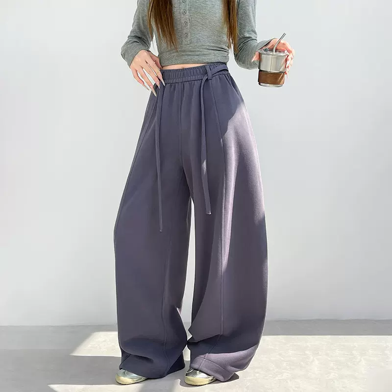 紫色休闲抽绳阔腿裤女秋冬2025新款高腰宽松显瘦百搭设计感弯刀裤