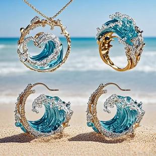 Amazon's Best-Selling Wave Necklace Set Creative New Light Luxury Wave Shape Ring Earrings Versatile