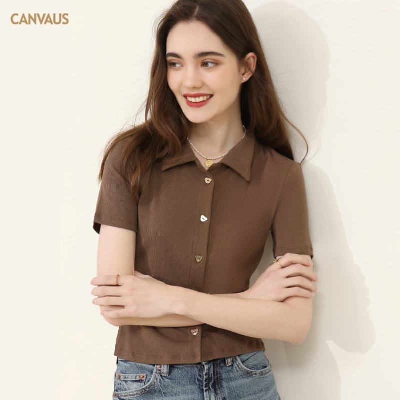 CANVAUS ropa de mujer nuevo color puro simple camisa de polo delgada de manga corta Camiseta de mujer BM estilo solapa adelgazar Top Ahora