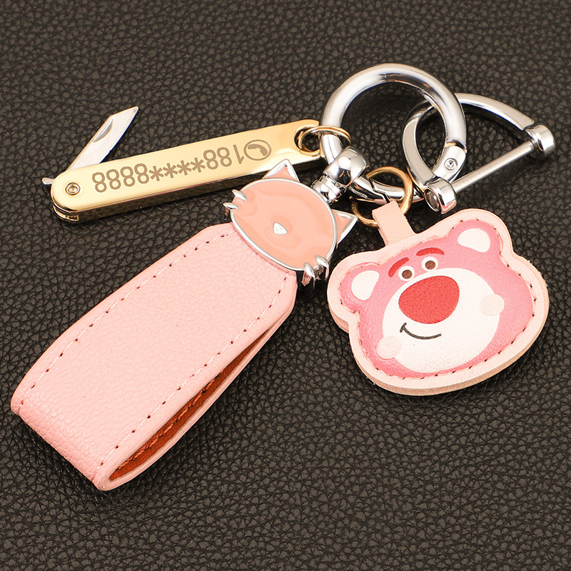 Macaron color gato cuerda de mano llavero de coche colgante de oso de fresa colgante de llavero de oso de cuero de alta calidad colgante de llavero de oso Pooh