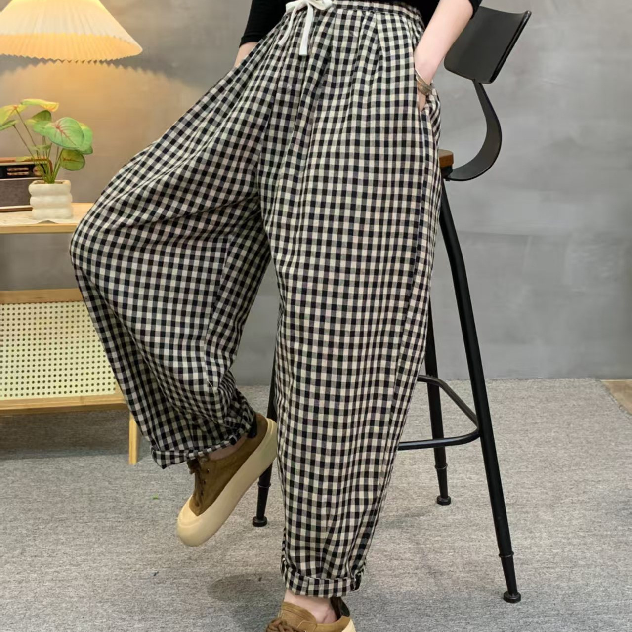 2025秋季上新亚麻料格纹文艺九分裤抽绳要宽松插袋文艺女士哈伦裤