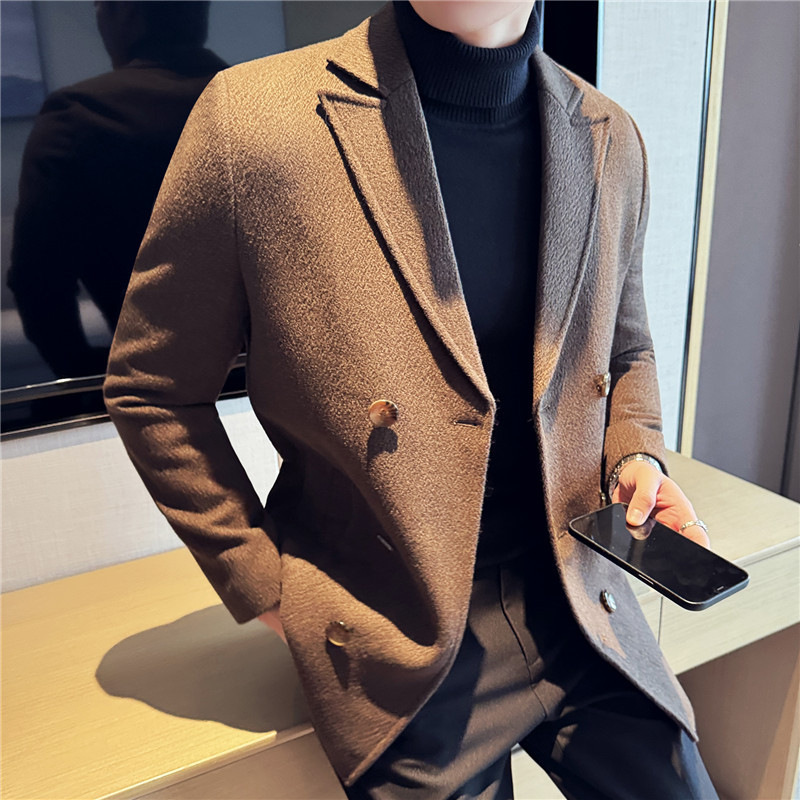 울 트위드 코트 2024 새로운 남성 누빔안감 세트 칼라 더블 브레스트 코트 기질 남성 헤어 세대