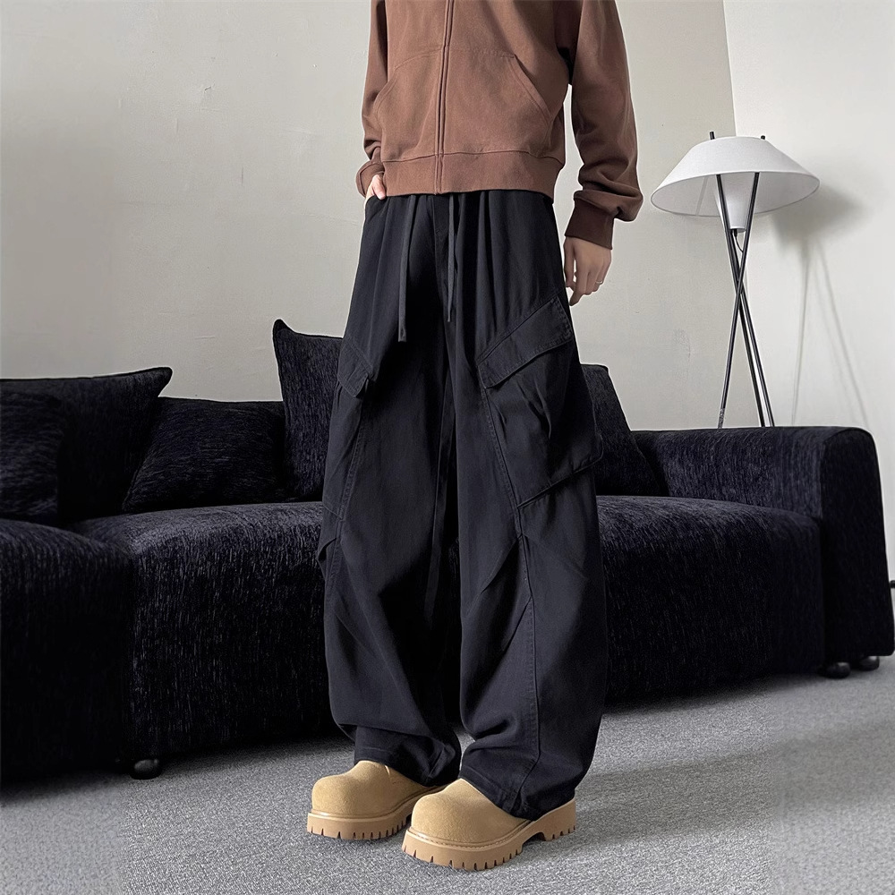 Multi-Pocket Pleated Design Paratrooper Pants Men's High Street American-Style Loose Pure Cotton Drape All-Match Workwear Casual Pants