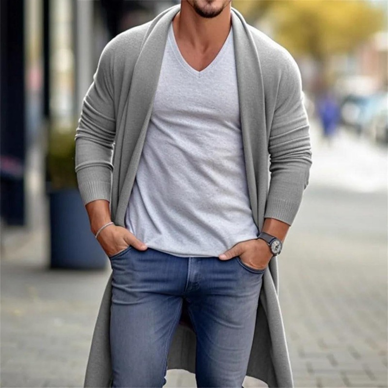 Men's Light Mature Style Commuter Knit Cardigan, Solid Color Casual Mid-Length Buttonless Open-Front Sweater Jacket, Men's Clothing Sy01