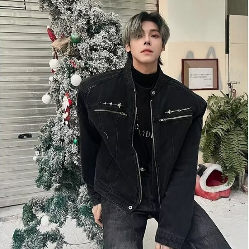 American Style Retro Old Washed Shoulder Pad Short Stitching Denim Jacket Trendy Brand Metal Design Collarless Jacket for Men