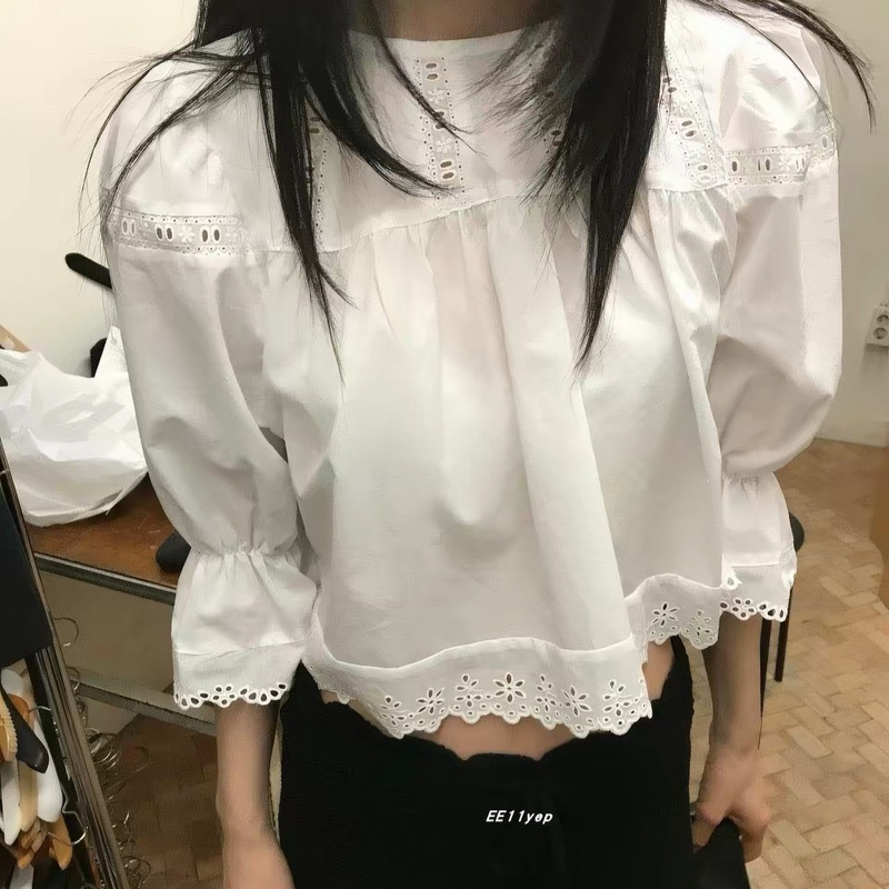 Korean chic minimalist hollow-out bell-sleeve front-tie white shirt for women, unique design, short and stylish top