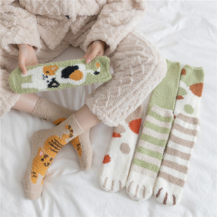 Coral Fleece Green Kitty Socks Home Women Winter Mid-tube Socks Sleep Socks fleece-lined Warm Striped Floor Socks
